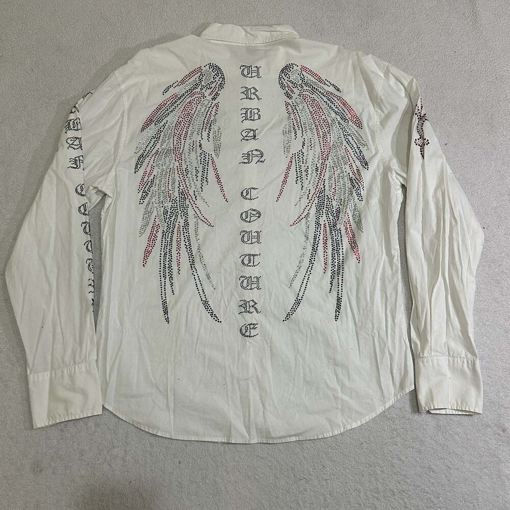 Victorious Urban Couture Rhinestone Wing Long Sleeve Button Down Shirt